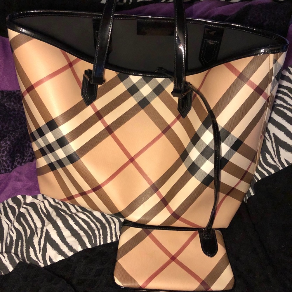 Burberry Patent Leather Check Canvas Tote w/ Pouch